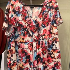 Torrid Red and Blue Floral V-Neck Blouse